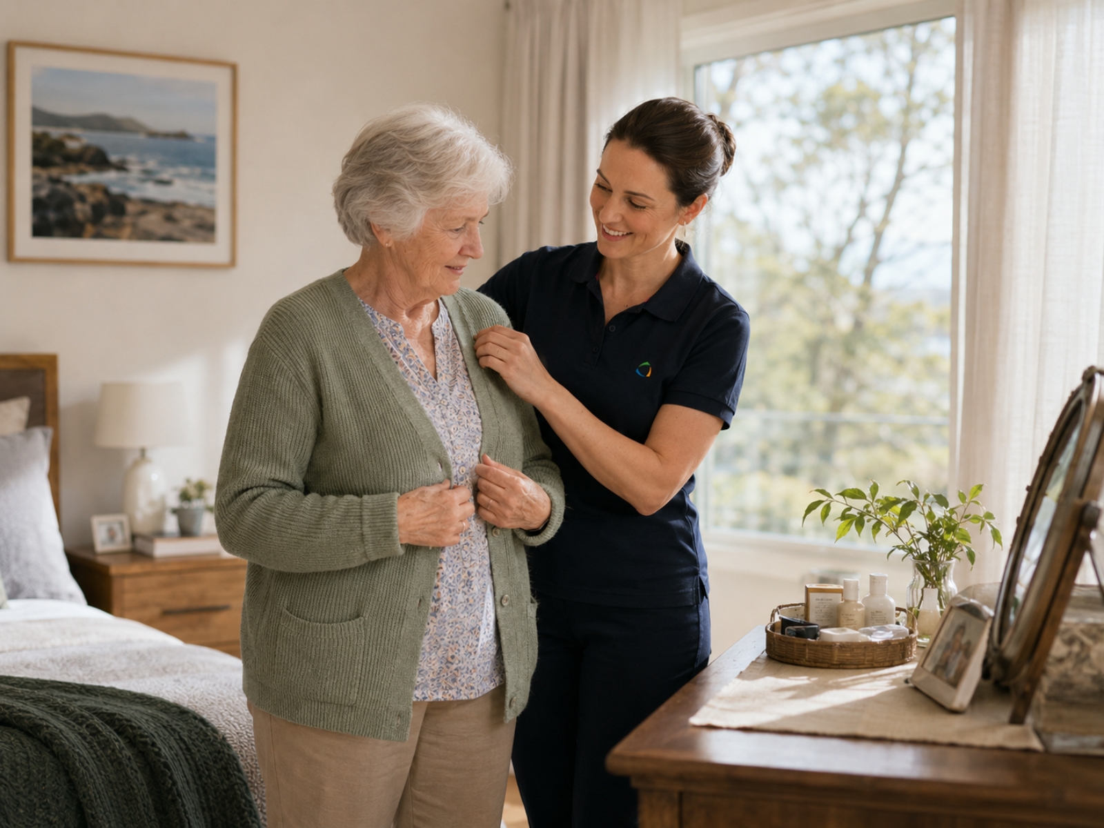 Home care worker respectfully helping an older woman adjust her cardigan at home.