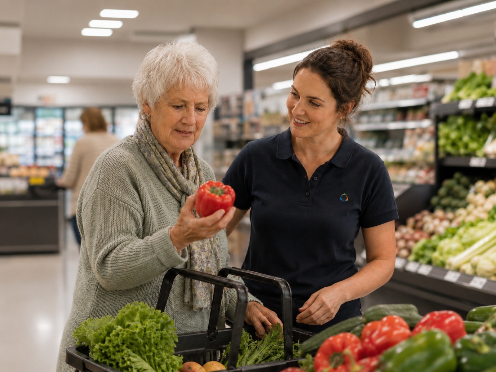 Home care worker assisting an older woman to choose fresh produce in a local supermarket.