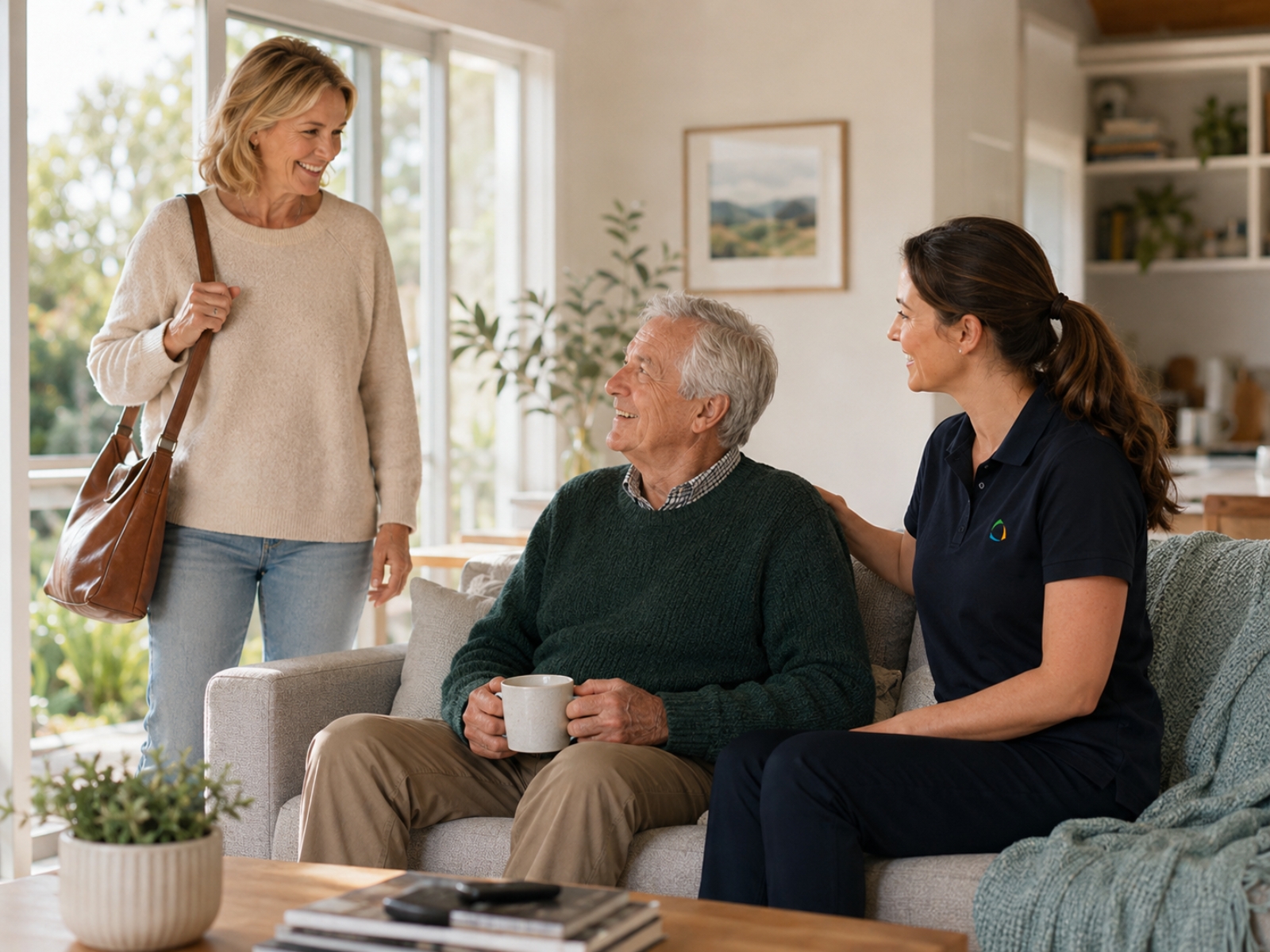 Home care worker providing companionship while a family member visits an older man at home.