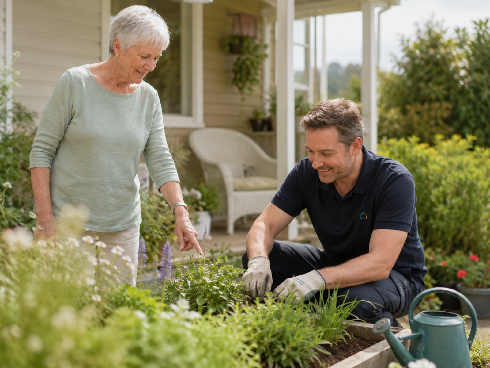 Worker helping an older woman with light gardening in a home garden.