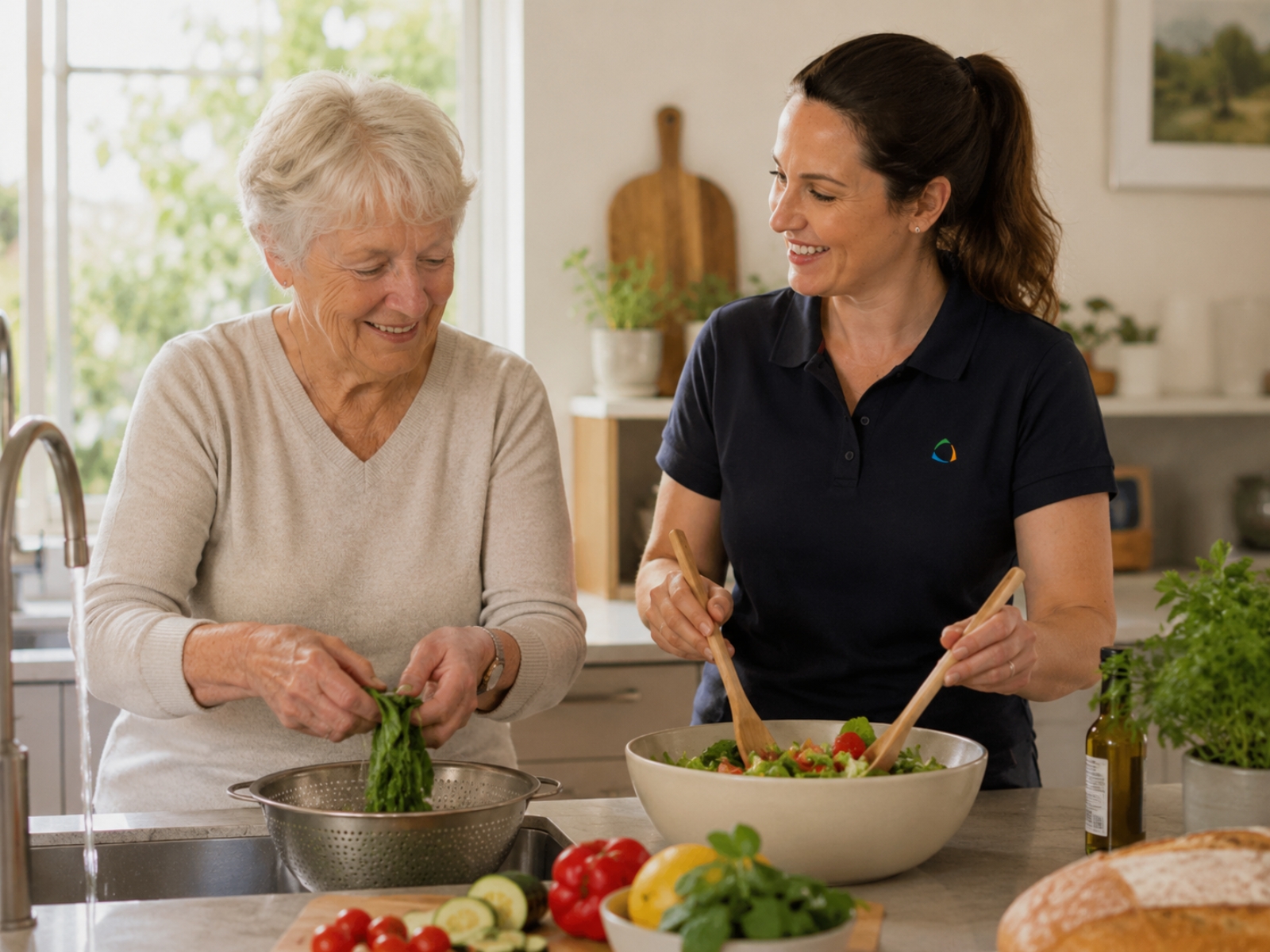Home care worker and older woman preparing a fresh meal together in a home kitchen.