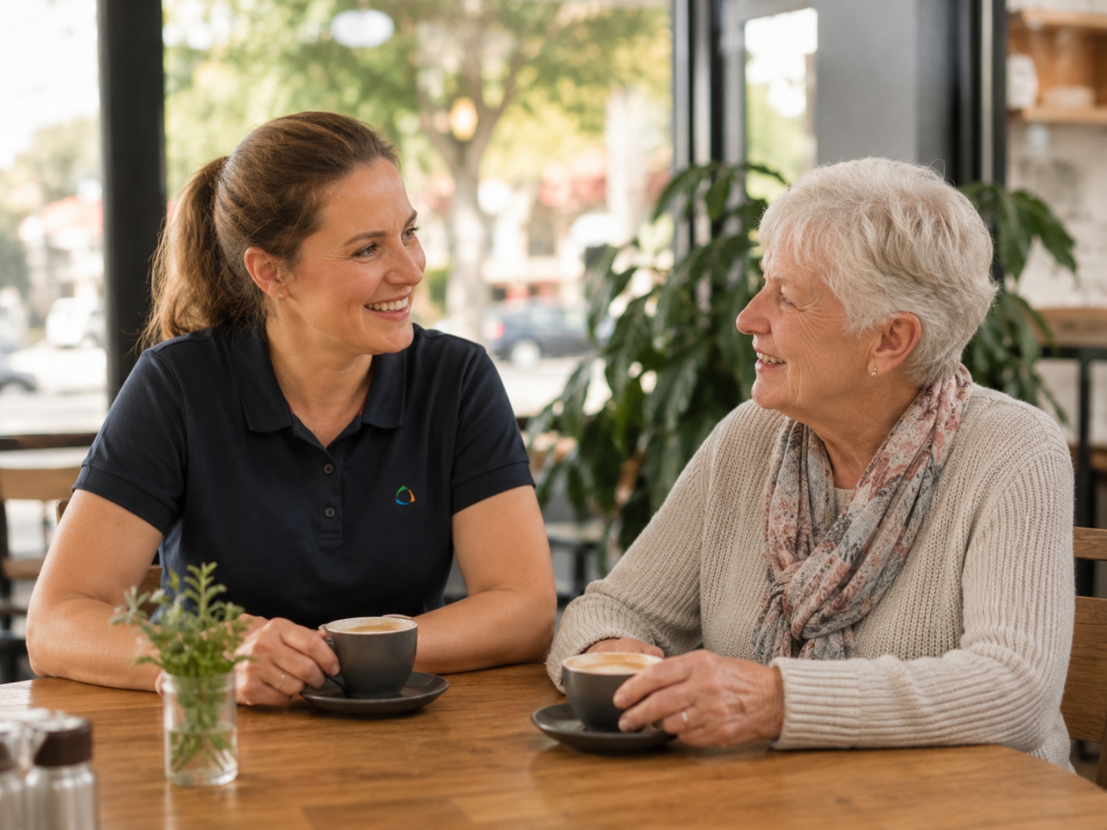 Home care worker sharing coffee and conversation with an older woman in a local café.