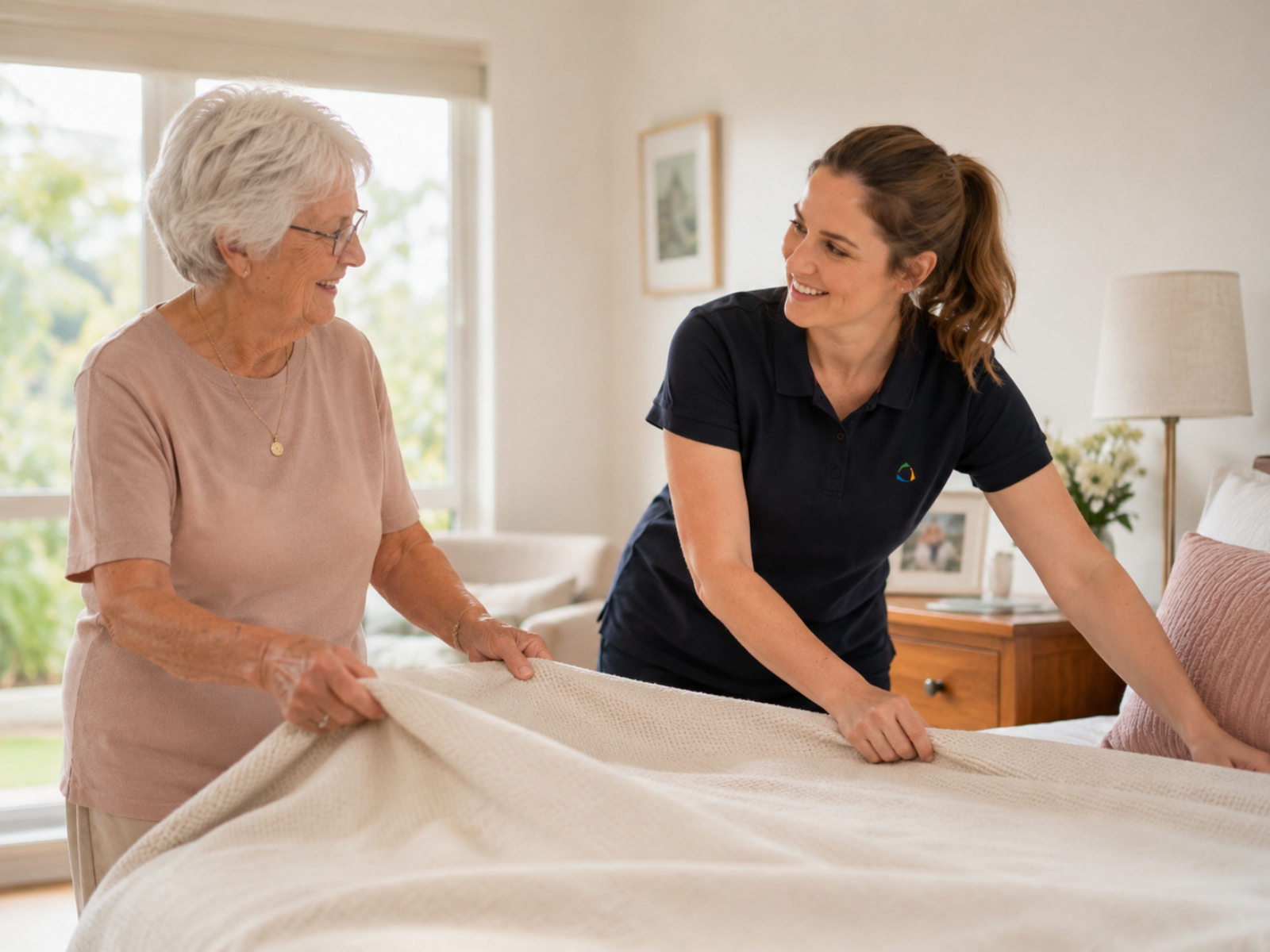 Home care worker and older woman making a bed together in a bright Australian home.