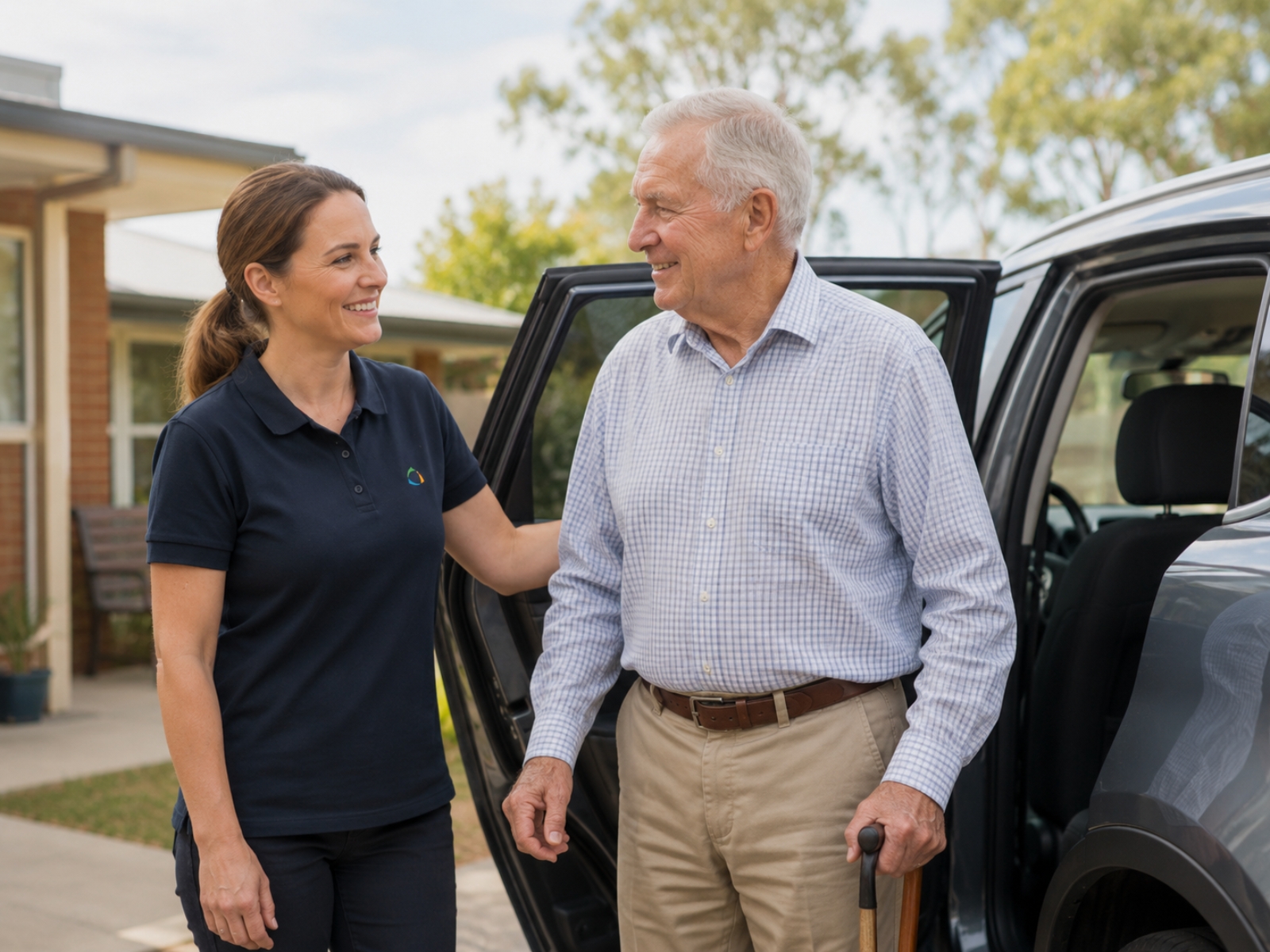 Home care worker supporting an older man beside a car outside a regional Australian home.