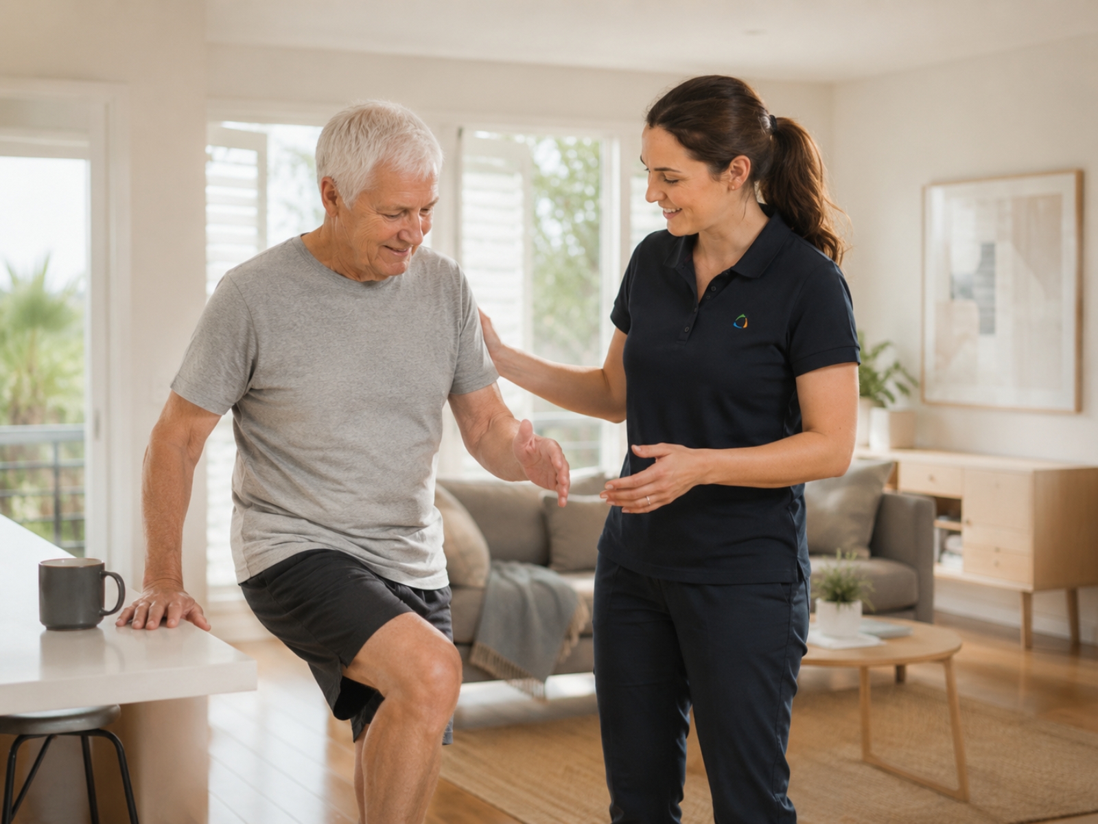 Older man practising a supported balance exercise at home with a home care worker nearby.